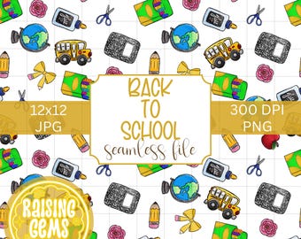 School Teacher Seamless Pattern, Digital Paper for Classroom Decor, Printable Backgrounds, Teacher Graphics, pencil, school bus, globe, glue