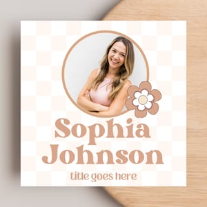 Sjabloon vierkante visitekaartjes met foto en QR-code voor bedrijven, boetieks, pop-upshops, ambachtsbeurs retfl