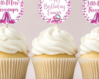 Adorno para cupcakes de cumpleaños de la pequeña señorita Threenager, fiesta temática de maquillaje, adorno para cupcakes imprimible, decoración para fiesta de cupcakes de Threenager