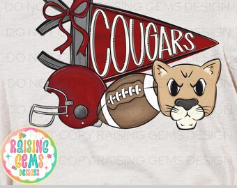 Cougars football png, maroon and white Digital Download Mascot Design, Sublimation Art, Football Team Spirit, PNG Clipart