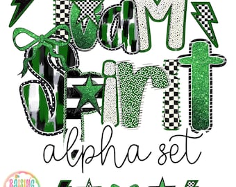 Hand Lettered Alpha green, Digital Download PNG, Team Spirit alpha Doodle Letters, Sublimation Fonts, Custom Alpha Set, A-Z Design