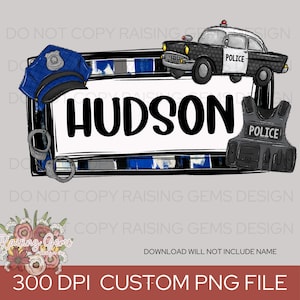 Politieagent gepersonaliseerde kinderen PNG, sublimatie clipart, digitale download voor ambachten, politiefeest shirtontwerp