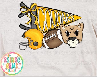 Cougars football png, gold and black Digital Download Mascot Design, Sublimation Art, Football Team Spirit, PNG Clipart