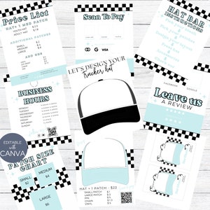 Könnte beinhalten: Eine druckbare Designvorlage für ein Trucker-Hut-Unternehmen. Die Vorlage enthält eine Preisliste, Geschäftszeiten, eine Patch-Größentabelle, Anweisungen für die Hutbar und einen Abschnitt "Hinterlassen Sie uns eine Bewertung". Das Design ist im Retro-Diner-Stil mit schwarz-weißen Karomustern und blau-weißen Akzenten gehalten.