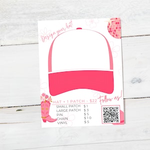 Trucker hat bar pink sign template with price list and QR code canva editable printable FULLY CUSTOMIZABLE, retcowgirl