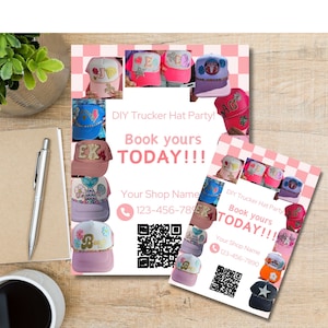 May include: A pink and white chequered flyer with a phone number and QR code. The flyer advertises a DIY trucker hat party. The flyer features a variety of colourful trucker hats with different designs and embellishments. The text on the flyer reads "DIY Trucker Hat Party! Book yours TODAY!!! Your Shop Name 123-456-7890"