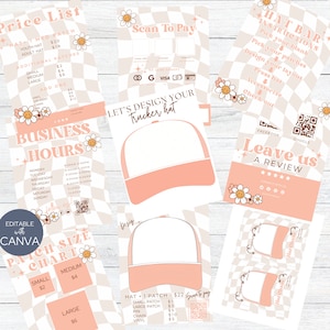 Könnte beinhalten: Eine rosa-weiße Trucker-Cap-Designvorlage mit einer Preisliste und den Geschäftszeiten für eine Hutbar. Die Vorlage enthält eine leere Kappe, eine Patch-Größentabelle und Anweisungen zum Entwerfen einer benutzerdefinierten Kappe. Der Text "Let's Design Your Trucker Hat" ist auf der Vorlage zu sehen.