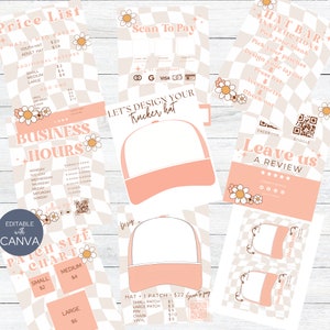 Könnte beinhalten: Eine rosa-weiße Trucker-Cap-Designvorlage mit einer Preisliste für Caps und Patches. Die Preisliste umfasst Jugend-Caps, Erwachsenen-Caps, kleine, mittlere und große Patches sowie Extras wie Vinyl, Kette und Vinyl. Die Vorlage enthält einen Bereich für die Geschäftszeiten, eine Patch-Größentabelle und einen Bereich zum Anpassen der Trucker-Cap mit Patches. Die Vorlage enthält auch einen Bereich zum Scannen zum Bezahlen, einen Bereich für die Anweisungen des Hutladens und einen Bereich zum Hinterlassen einer Bewertung.