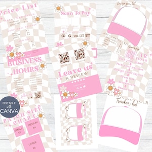 Schilder Set für Trucker Hat Bar Checker Design, QR-Code Scan to Pay, Patch Grössentabelle, Hut Bar Anleitung, Template Preisliste, pink