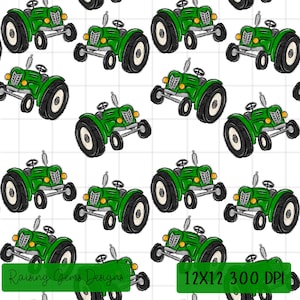 Green Tractor Seamless Pattern Handrawn, Digital Farm Print, Boys Fabric Design, Repeat Pattern, Instant Download File, Greem Yellow Tractor