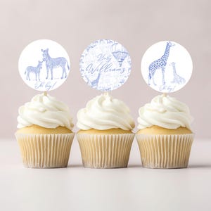 Décoration de petit gâteau pour baby shower safari toile bleue, toile de jouy, thème safari, élégante garden-party, baby shower chinoises, bébés animaux