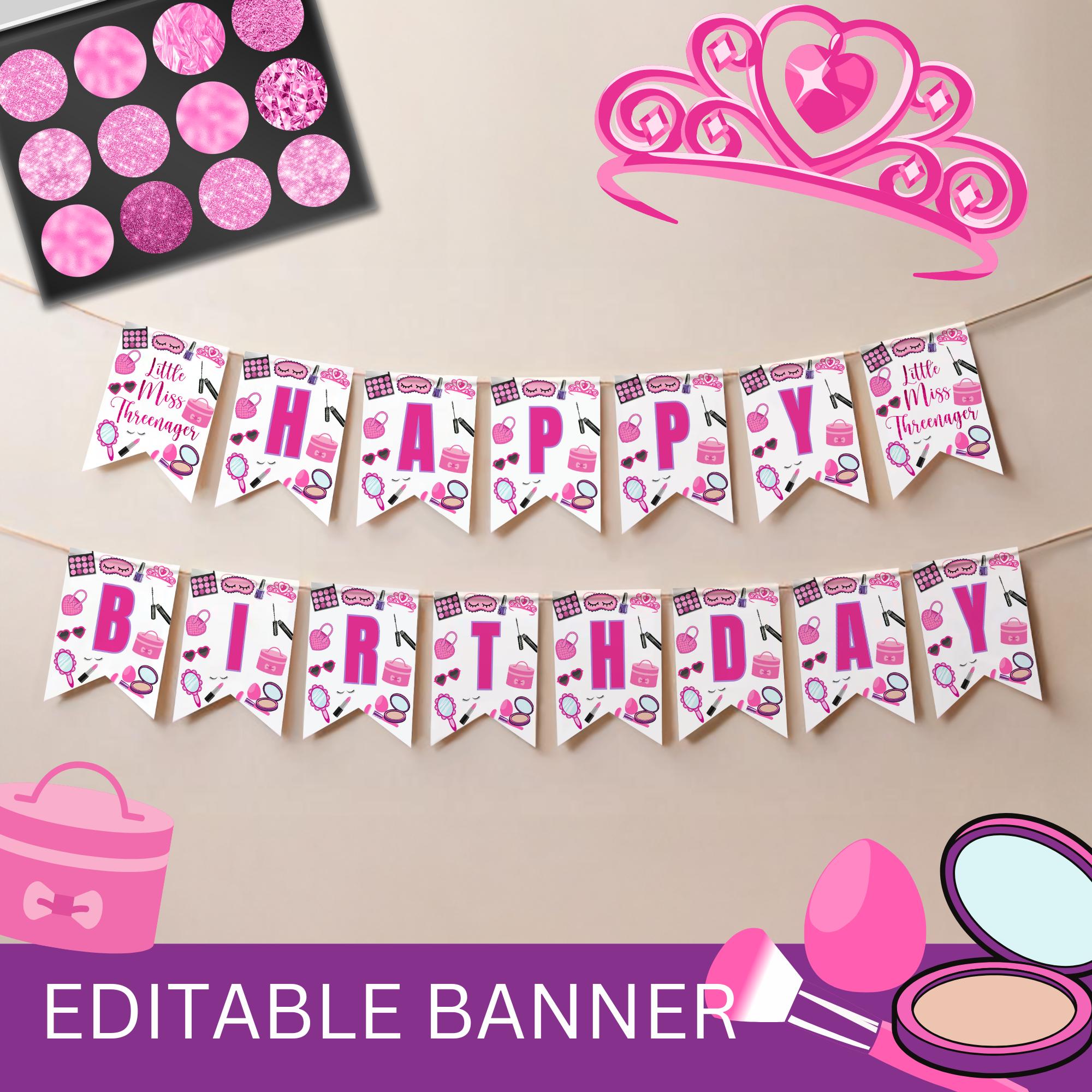 Fotohintergrund "Little Miss Threenager" 2,1x1,5 M - Pink, Für 3. Geburtstag, Make-up & Prinzessin-Party