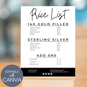 Lista de preços para joias permanentes editáveis, personalizáveis no canva, modelo de guia de preços para impressão, download instantâneo mínimo