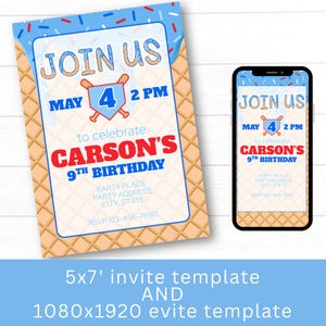 Baseball Ice Cream Drip Invitation, Customizable Birthday Invite, Digital Invitation Drip Theme Invitation, Blue Ice Cream