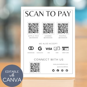 Scan To Pay Vorlage, QR-Code Zeichen, Minimal Design, Small Business Template, Bearbeitbar in Canva, Flyer mit Zahlungsmethoden, min