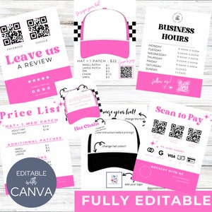 Könnte beinhalten: Rosa und schwarze druckbare Designvorlagen für ein Hutgeschäft. Die Vorlagen beinhalten eine Preisliste, Geschäftszeiten, einen QR-Code zum Scannen der Zahlung und eine Hutdesignvorlage. Der Text auf den Vorlagen umfasst "Hinterlassen Sie uns eine Bewertung", "Preisliste", "Hut + 1 mittlerer Patch", "Zusätzliche Patches", "Geschäftszeiten", "Scannen zum Bezahlen", "Hutkette", "Passen Sie Ihren Hut an", "Vollständig editierbar" und "Mit Canva editierbar".