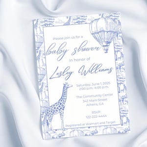 Convite para chá de bebê Blue Toile Safari, Toile de Jouy, balão de ar quente, tema Safari, convite editável, festa elegante no jardim, chinoiserie
