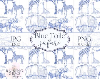 Blue Toile de Jouy Digital Paper, Seamless Safari Pattern, Chinoiserie Design for Scrapbooking, Blue Safari Giraffe Toile nursery background