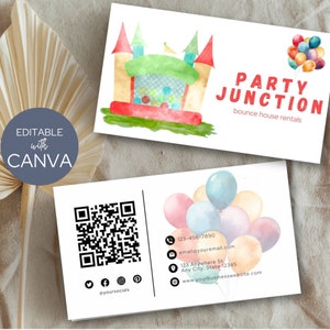 Bounce House Visitenkartenvorlage, Party Verleihs Visitenkarte, Visitenkarte mit QR-Code für Kontaktinformationen, folgen Sie uns auf Social Media