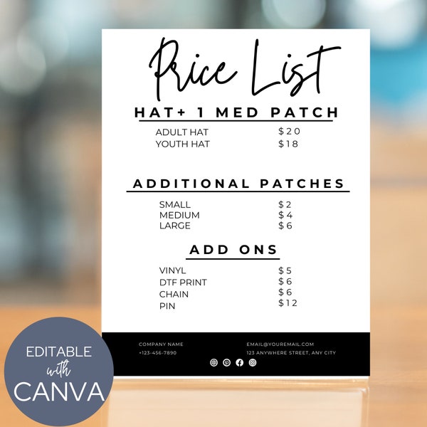 Price list for trucker hat bar editable, customizable on canva, price guide template printable, instant download min