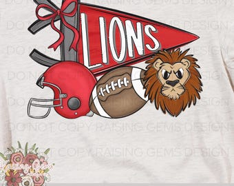 Lions football png, Digital Download Mascot Design, Sublimation Art, Football Team Sp. irit, PNG Clipart, red and gray lions