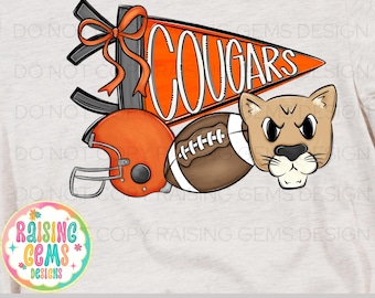 Cougars football png, orange and black Digital Download Mascot Design, Sublimation Art, Football Team Spirit, PNG Clipart