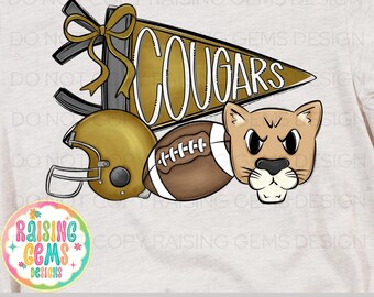 Cougars football png, gold and black Digital Download Mascot Design, Sublimation Art, Football Team Spirit, PNG Clipart
