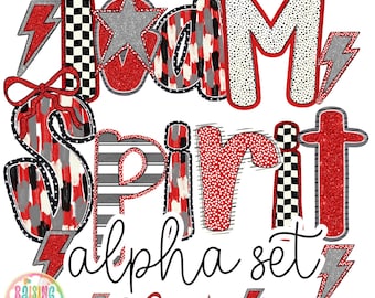 Hand Lettered Alpha red and gray, Digital Download PNG, Team Spirit alpha Doodle Letters, Sublimation Fonts, Custom Alpha Set, A-Z Design
