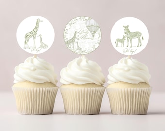 Salbei grün Toile Safari Baby Shower Cupcake Topper, Toile De Jouy, Safari Thema, Elegante Gartenparty, Chinoiserie-Babyparty, Tierbabys