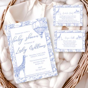 Blue Toile Safari Baby Shower Bundle, Baby Safari Animals, Elegant Chinoiserie Decor, Editable Templates, Baby Boy Party Supplies