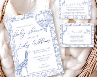 Blue Toile Safari Baby Shower Bundle, Baby Safari Animals, Elegant Chinoiserie Decor, Editable Templates, Baby Boy Party Supplies