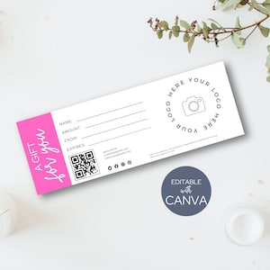Plantilla de certificado de regalo con espacio para logotipo y código QR para bar de gorras de camionero, salón, spa, fotógrafo, retp imprimible
