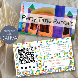 Bounce House Visitenkartenvorlage, Party Verleihs Visitenkarte, Visitenkarte mit QR-Code für Kontaktinformationen, folgen Sie uns auf Social Media