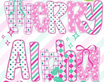 Alfabeto natalino Coquette, letras PNG com borda de renda rosa, alfabeto estilo doodle, letras natalinas em xadrez vichy, fonte elegante para mural.
