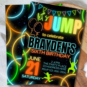 boys jump party birthday invitation, neon glow jump & celebrate trampoline park birthday invite editable template, neon and black