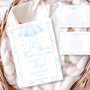 April Showers Bring May Flowers Blue Baby Shower Bundle, Spring Party, April Showers Invite, in Bloom Shower, Diaper Raffle, Books for Baby