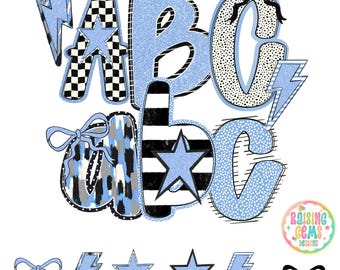 Hand Lettered Alpha blue and black, Digital Download PNG, Team Spirit alpha Doodle Letters, Sublimation Fonts, Custom Alpha Set, A-Z Design