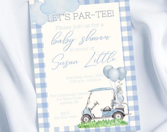 Golf Baby Shower Invitation, Let's Par-Tee, Boy Baby Sprinkle Invite, Editable Digital Template, Tee time baby shower, blue golf cart