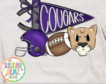 Cougars football png, purple and black Digital Download Mascot Design, Sublimation Art, Football Team Spirit, PNG Clipart