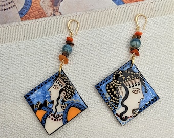 Wooden painted earrings inspired by Minoans Greek art. Dangle statement rhombus resin covered earrings. Art jewelry gift for her