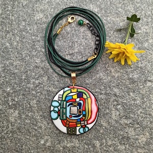 Painted Wooden Pendant Necklace inspired by Hundertwasser Art. Famous Art  Jewelry. 24K Gold plated metal element. Jewelry gift for her