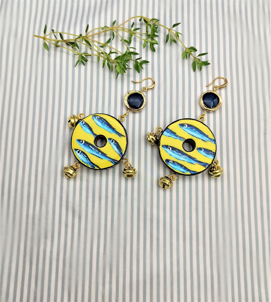 Wooden Painted Tambourine Earrings Inspired by Fish Art. Greek Etsy