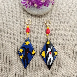 Painted Earrings. Art Wood Rhombus Long Resin Earrings Handmade Blue Red Yellow painting inspired by Mattise Jewelry Gift