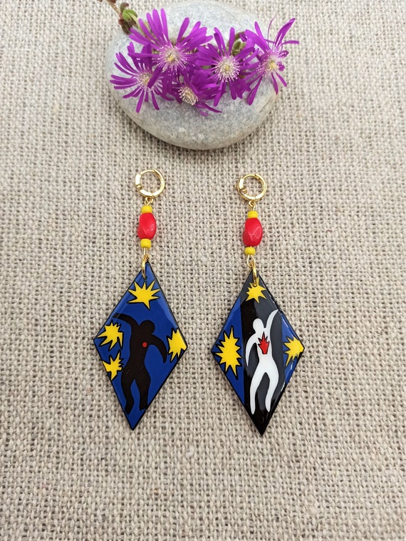 Painted Earrings. Art Wood Rhombus Long Resin Earrings Handmade Blue Red Yellow painting inspired by Mattise Jewelry Gift