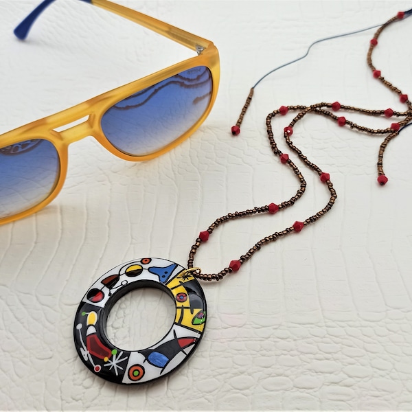 Painted ART pendant Eyeglasses Necklace Reading Glasses Holder from wood inspired by Joan Miró works Jewelry Gift. Eyeglass accessories