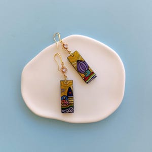 Wooden painted earrings inspired by Hundertwasser artwork.Rectangle statment wooden earrings.Handpainted with acrylic colours.Unique Gift.