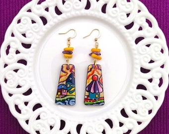Wooden painted earrings inspired by Hundertwasser artwork.Rectangle statment wooden earrings.Handpainted with acrylic colours.Unique Gift.
