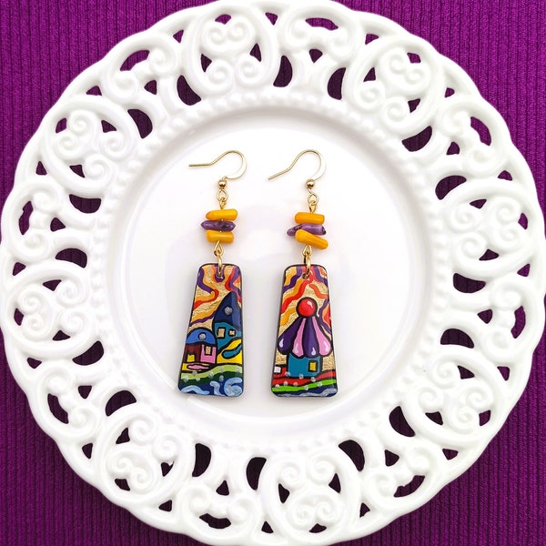 Pendientes de madera pintada inspirados en la obra de arte de Hundertwasser.Pendientes de madera con forma rectangular.Pintados a mano con colores acrílicos.Regalo único.