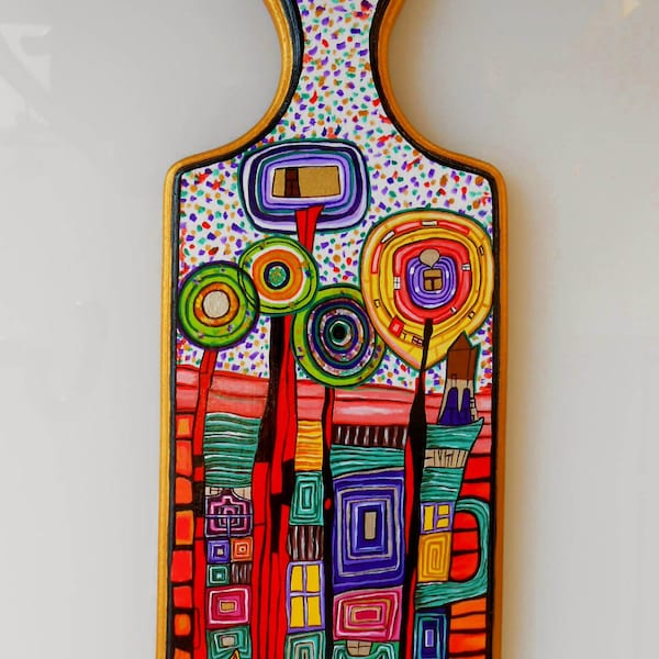 Estilo artístico Pintura acrílica hecha a mano sobre tabla de cortar de madera decorativa de cocina Hundertwasser Home Decor.