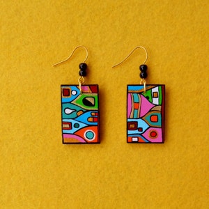 Wooden painted earrings inspired by Hundertwasser.Wooden dangle statment rectangle earring.Colorful inspirational design.Special women gift